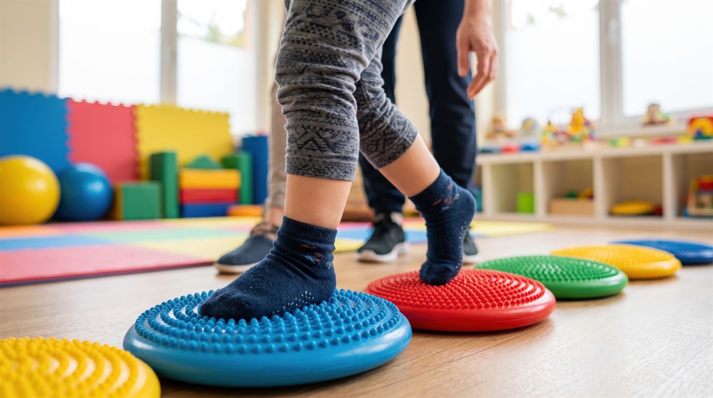 A child balancing on colorful sensory balance pads