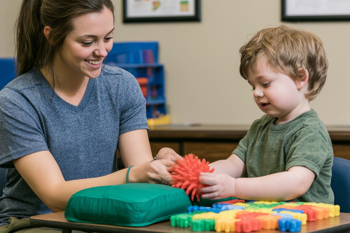 An occupational therapist using sensory tools with a young boy