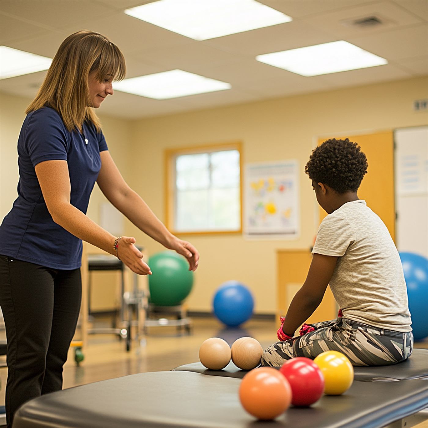 A teacher guiding a student in a classroom
